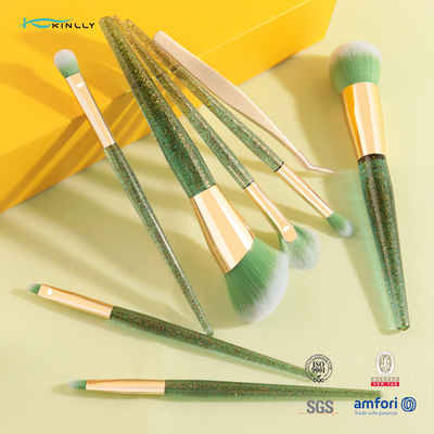 ست برس آرایشی 7 عددی برچسب خصوصی دسته پلاستیکی رنگ سبز با موچین زیبایی