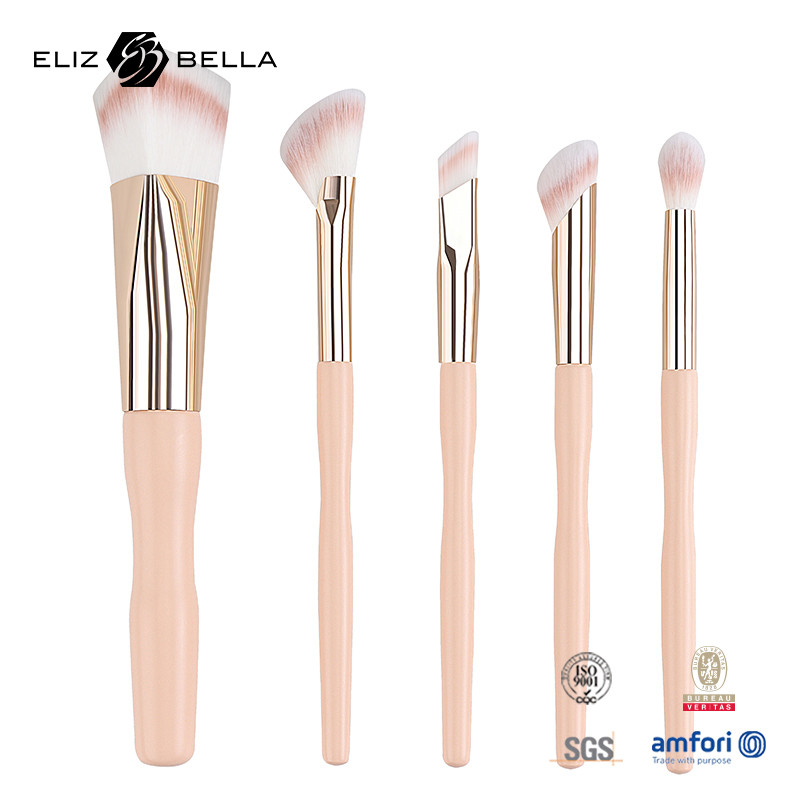 5pcs قیمت کارخانه لوگو سفارشی 100٪ مو مصنوعی گیاهخوار صورت چشم آرایش برش مجموعه،دستگیره چوبی و آلومینیوم ferrule